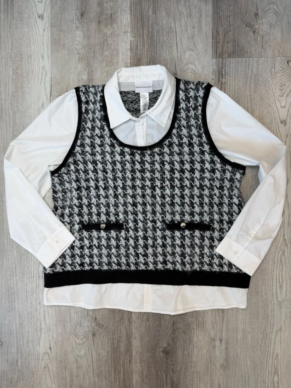 Alfred Dunner Runway Ready Houndstooth Vest with Woven Detail Shirt Women’s L